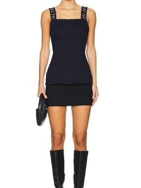Free People Decked In Shine Rhinestone Stud-Trim Denim Tank Square Neck Small